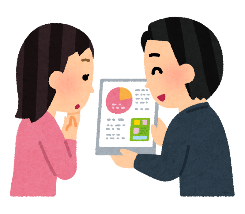 タブレットで説明する人のイラスト